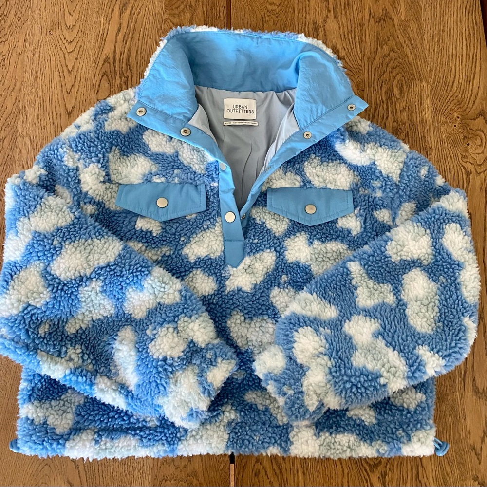 Urban Outfitters Blue and White Clouds Sky Sherpa Jacket Pullover